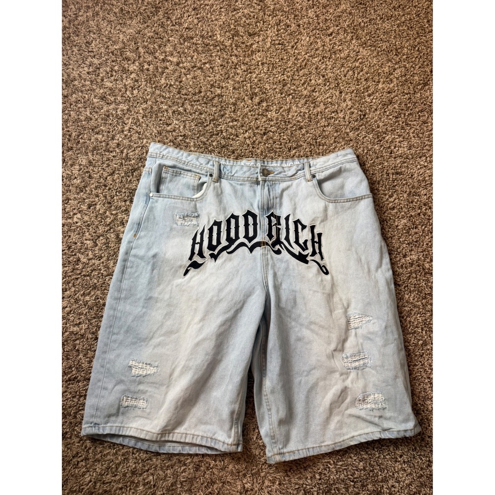 Hoodrich Mens Light Wash Distressed Denim Jorts Baggy Streetwear Shorts Size 38
